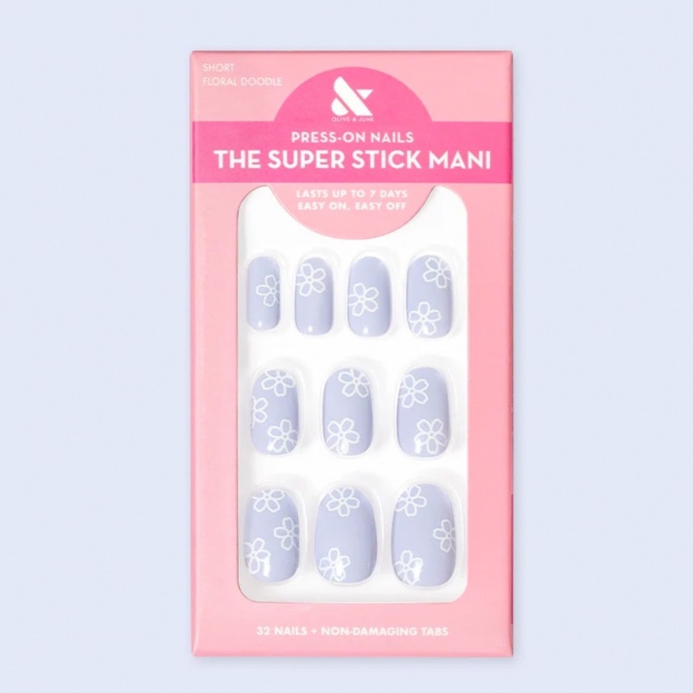 Olive & June Super Stick Mani Press-On Nails Floral Doodle Short Round Blue 32ct
